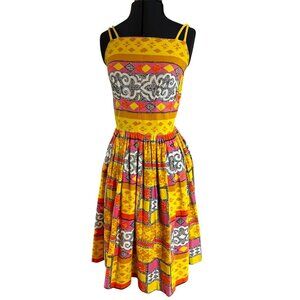 Vintage 1960's Handmade Yellow Dress Multicolor Geometric Print Dress Sz S